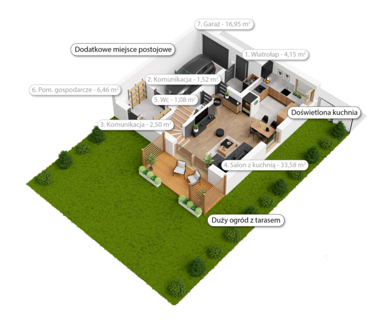 Rzut 3D domu bliźniaczego pod Wrocławiem - Tyniecki Zakątek - Bartson