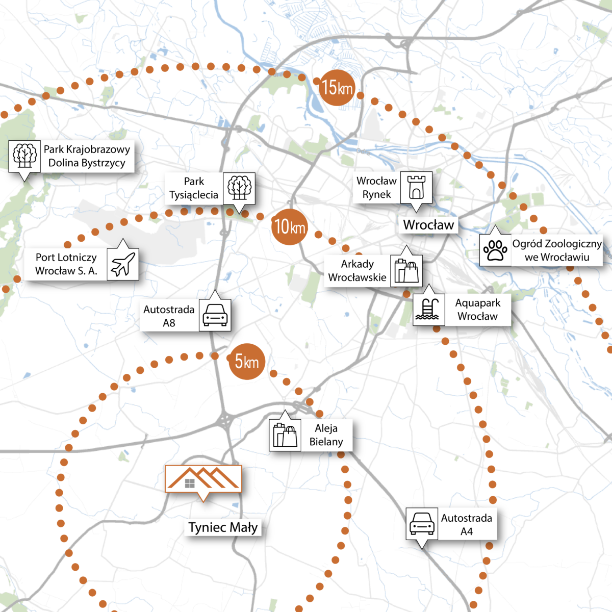 Lokalizacja osiedla domów bliźniaczych pod Wrocławiem - Tyniecki Zakątek - Bartson
